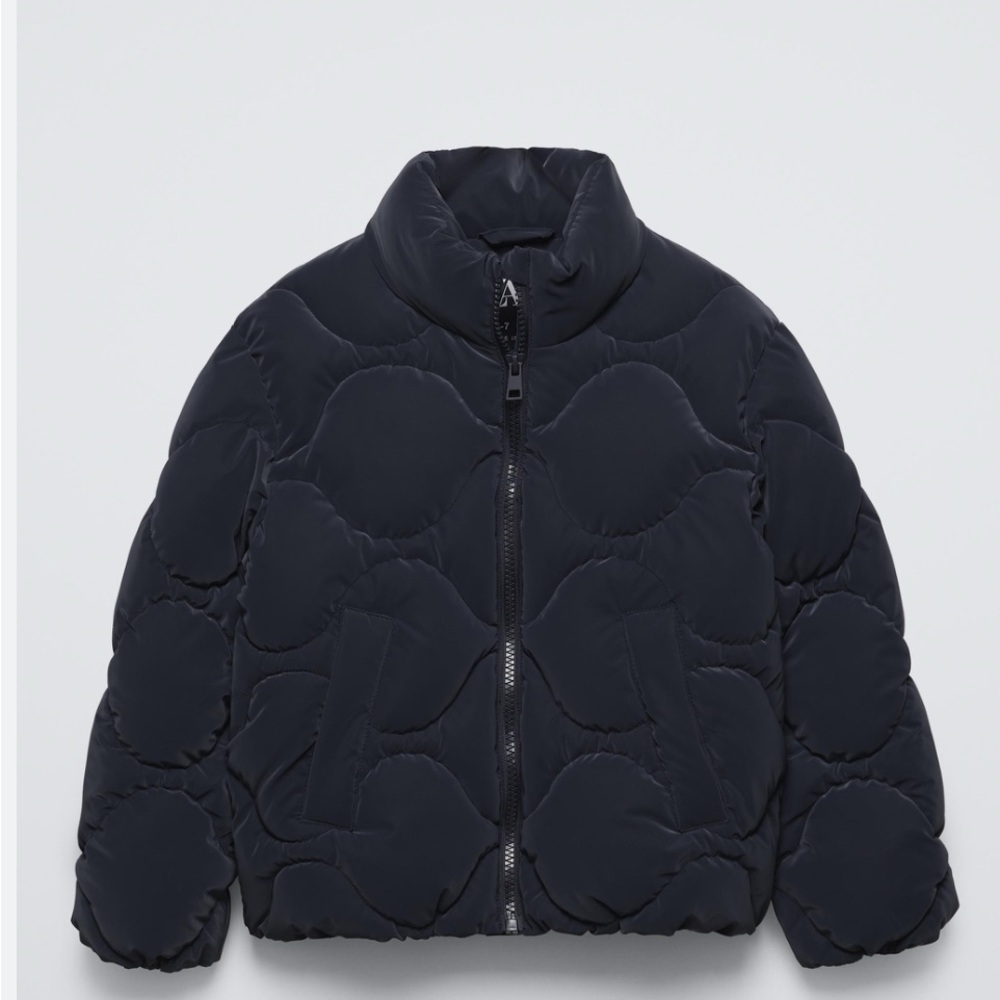 Zara Kids Black Puffer Jacket with Wave Quilting and Stand-Up Collar